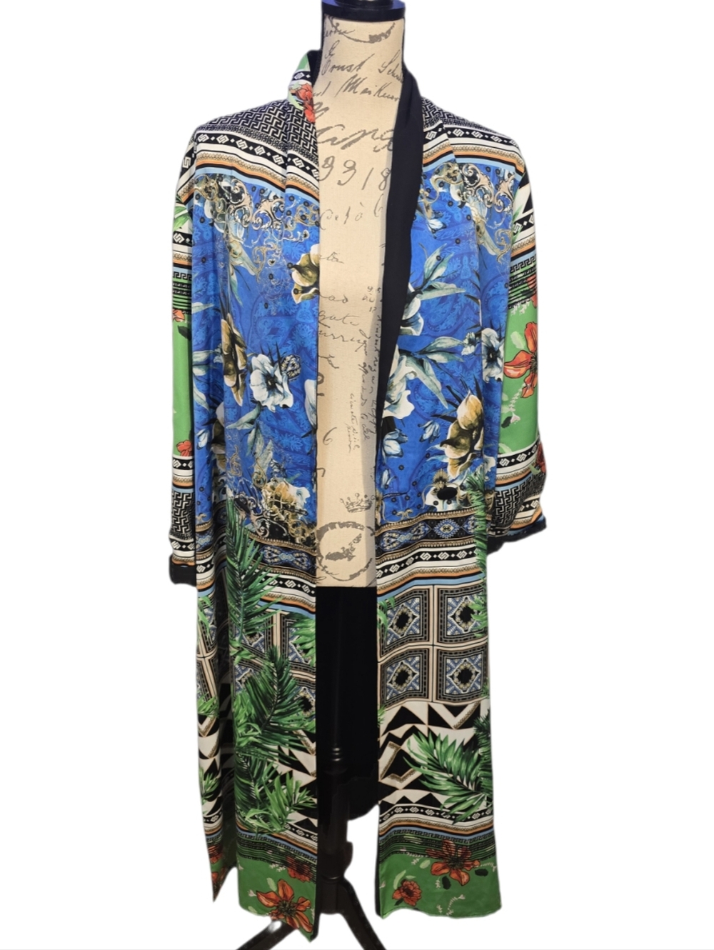 River Island Vibrant Floral & Geometric Duster Kimono - Blue & Green Sz L